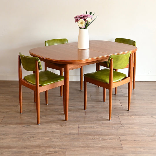 6x Mid Century Teak Green Vinyl Dining Chairs by Chiswell