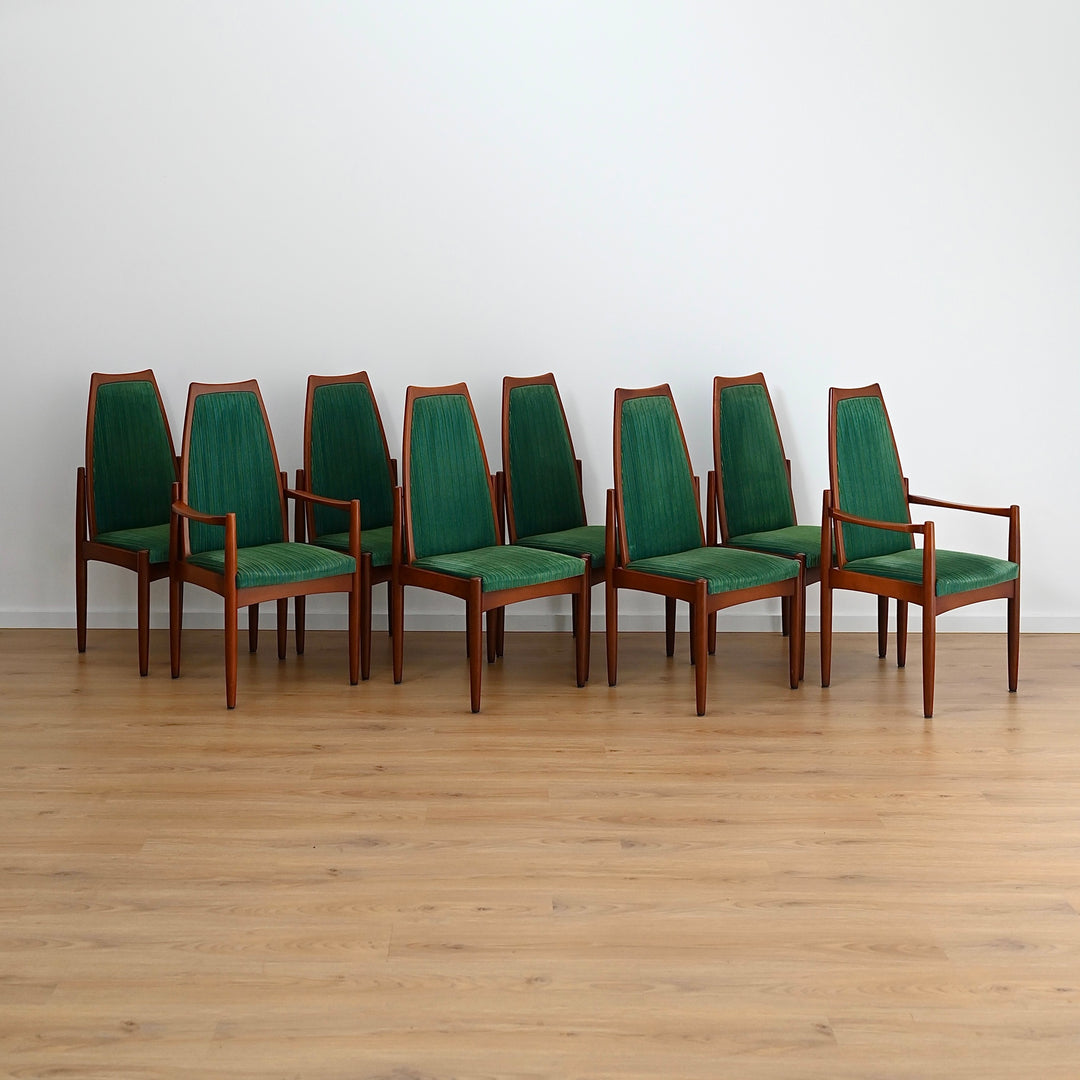 8 x Teak Dining Chairs Green and Blue Velvet by Chiswell