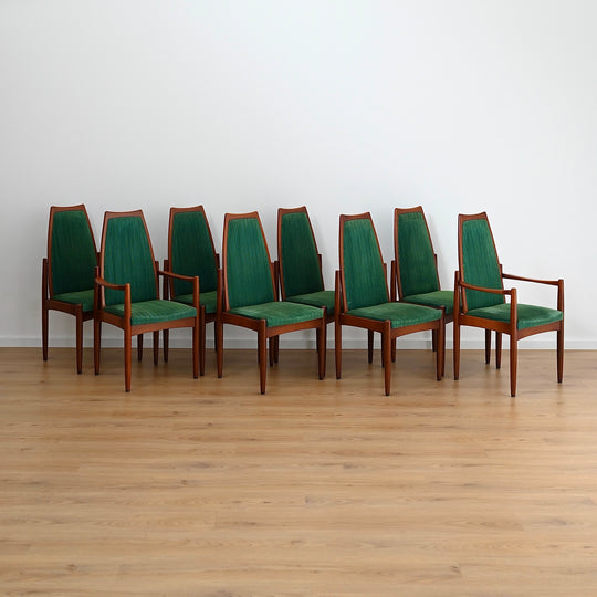 8 x Teak Dining Chairs Green and Blue Velvet by Chiswell