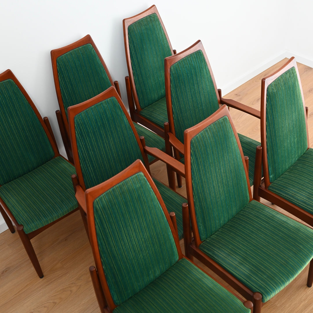 8 x Teak Dining Chairs Green and Blue Velvet by Chiswell