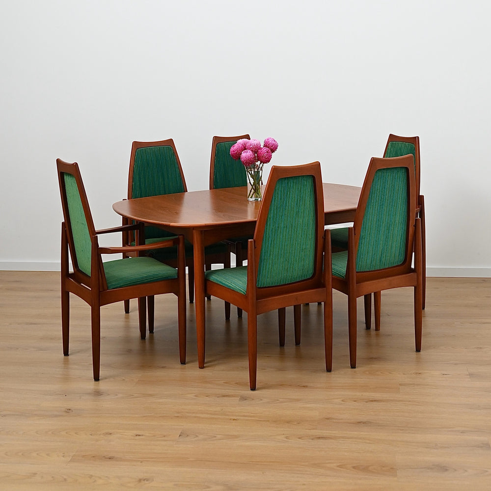 8 x Teak Dining Chairs Green and Blue Velvet by Chiswell
