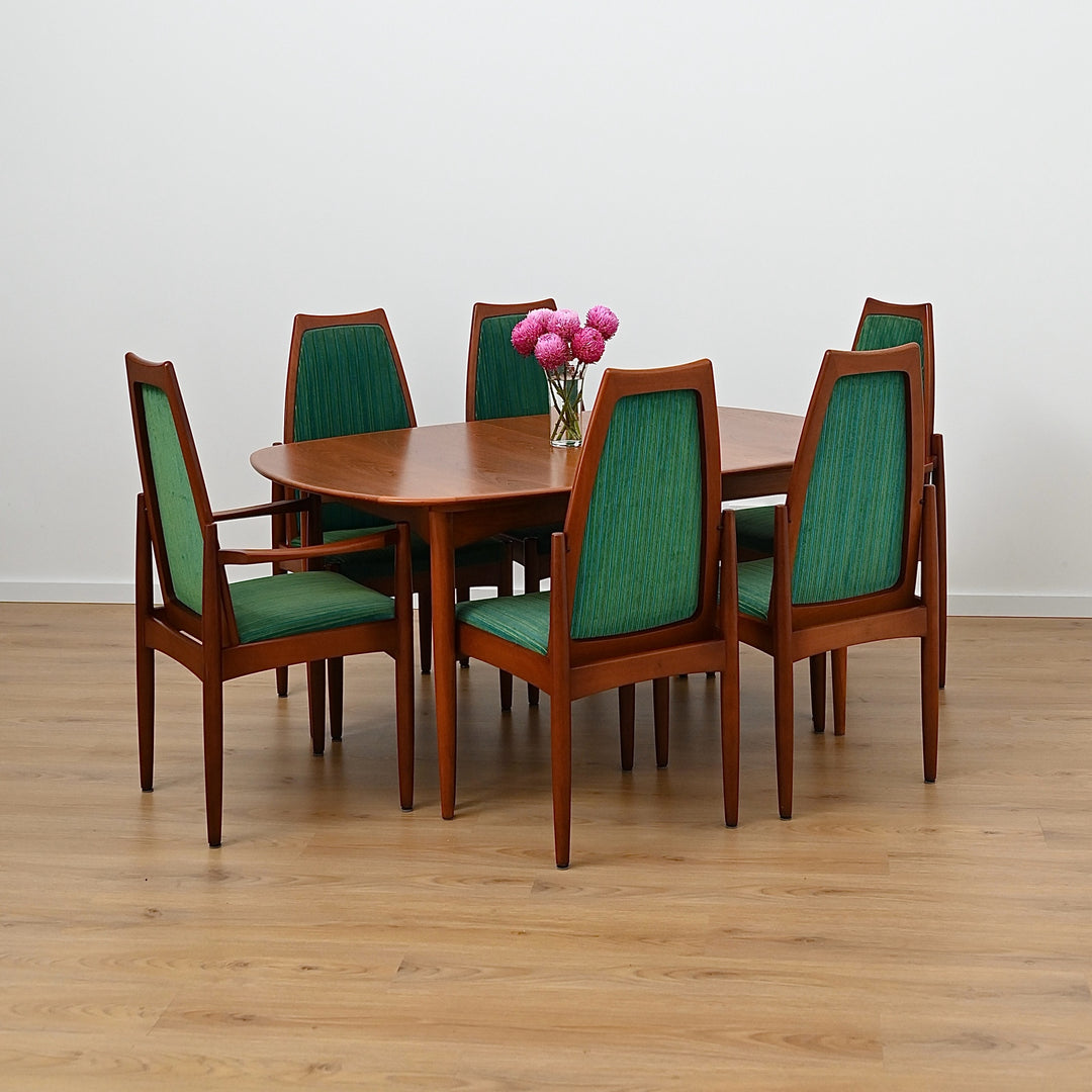 8 x Teak Dining Chairs Green and Blue Velvet by Chiswell