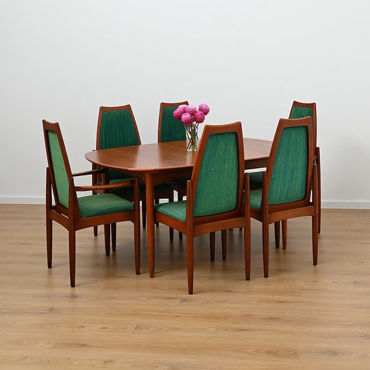 8 x Teak Dining Chairs Green and Blue Velvet by Chiswell