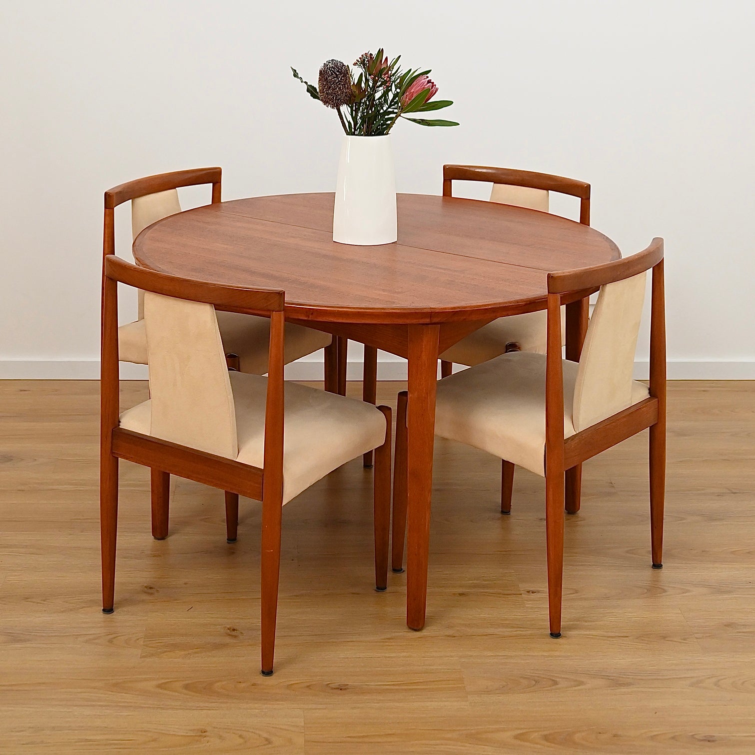 Mid Century Teak Round Extendable Dining Table by Wrightbilt - Refinished