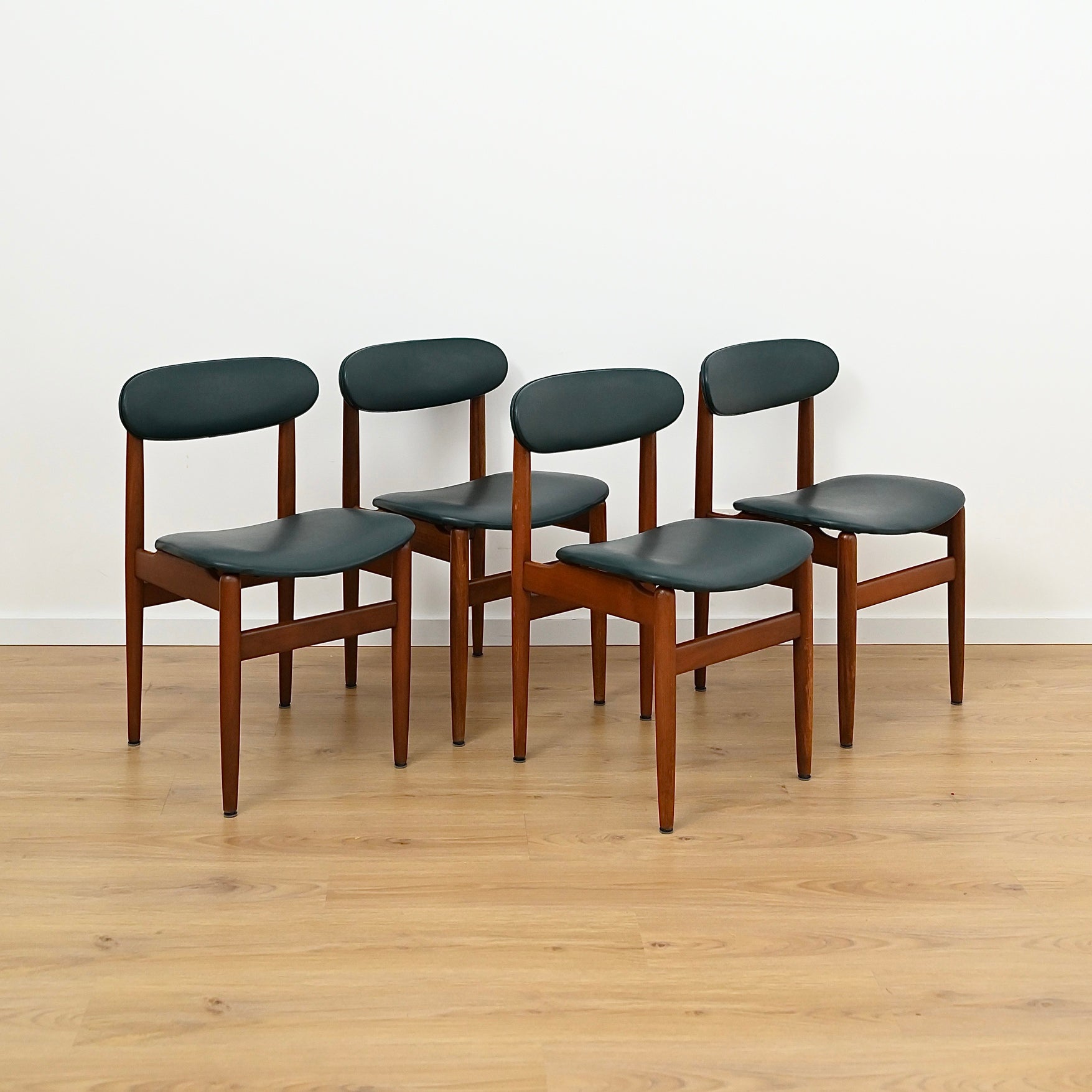 4 x Mid Century Teak Indigo Blue Vinyl Dining Chairs by Elite