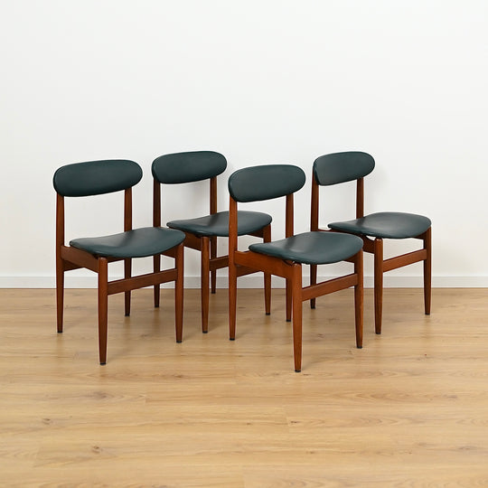 4 x Mid Century Teak Black Vinyl Dining Chairs by Elite
