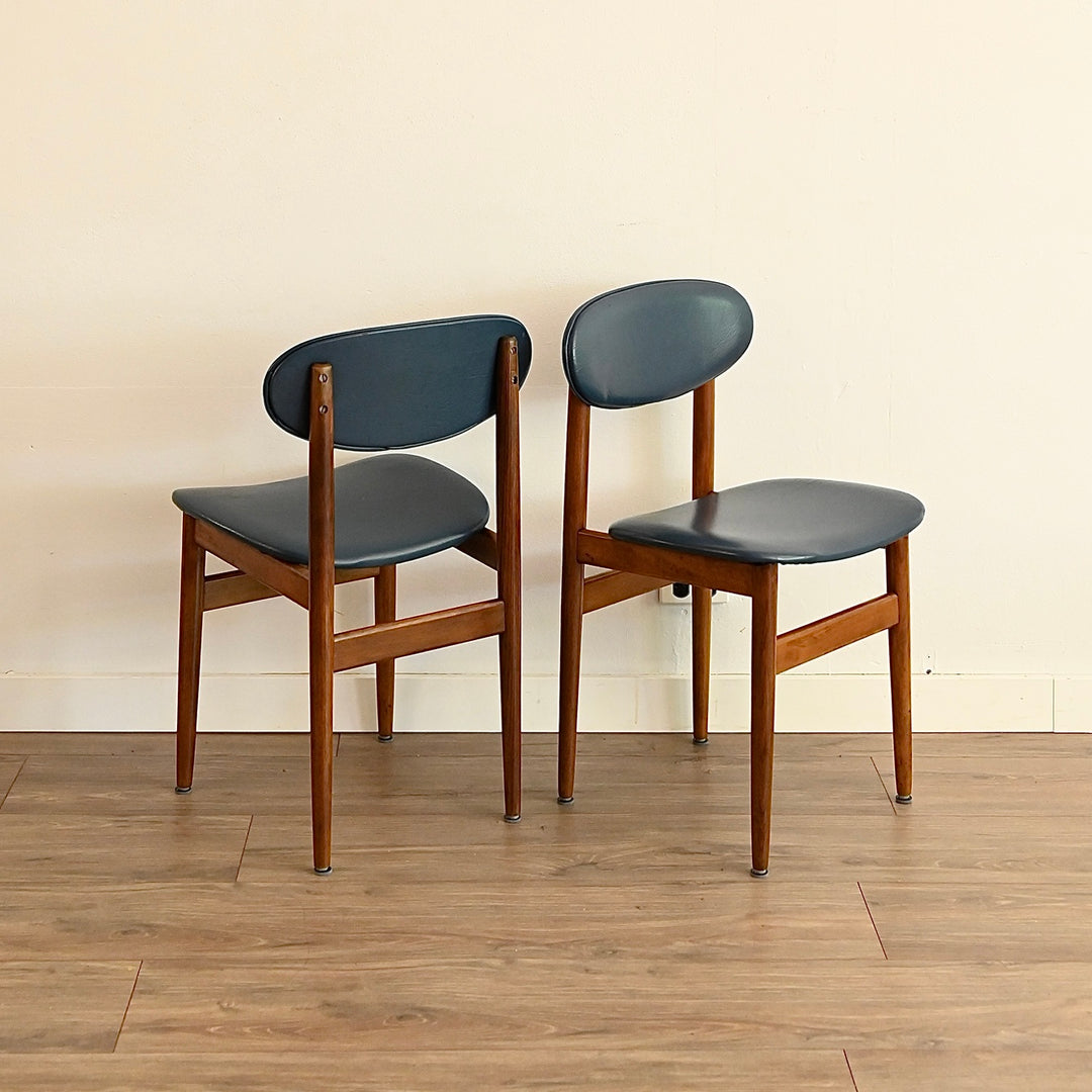 4x Mis Century Teak Blue Vinyl Dining Chairs by Elite