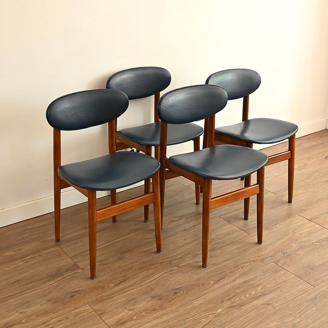 4x Mis Century Teak Blue Vinyl Dining Chairs by Elite