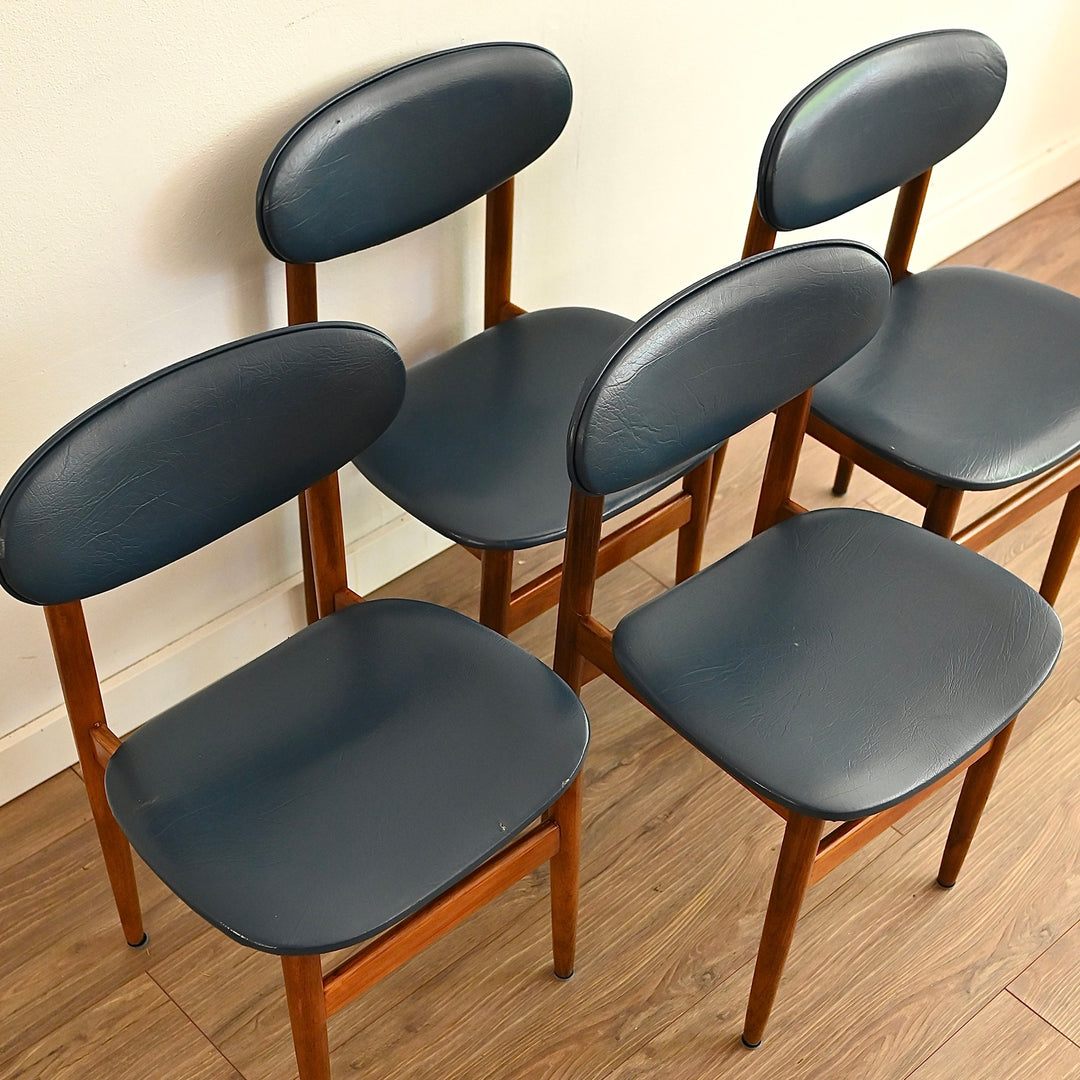 4x Mis Century Teak Blue Vinyl Dining Chairs by Elite