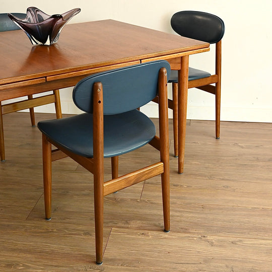 4x Mis Century Teak Blue Vinyl Dining Chairs by Elite