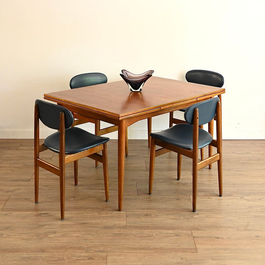 4x Mis Century Teak Blue Vinyl Dining Chairs by Elite