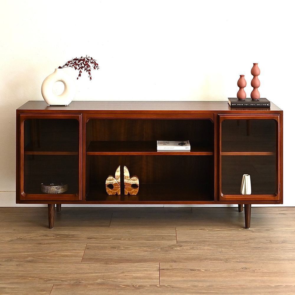 Mid Century Walnut Sideboard Glass Display Cabinet LP Record Cabinet by Chiswell