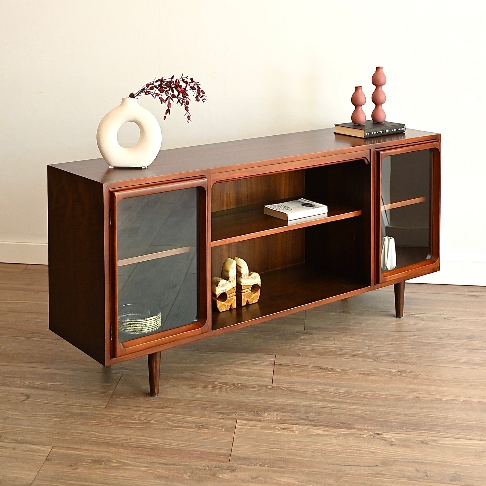 Mid Century Walnut Sideboard Glass Display Cabinet LP Record Cabinet by Chiswell