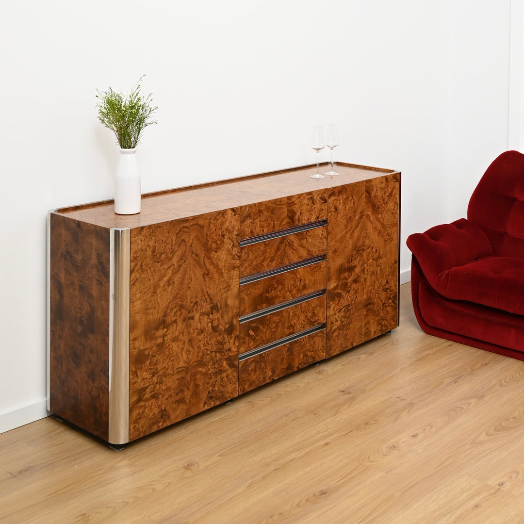 1960's Italian Burl Wood Bar Sideboard by Willy Rizzo