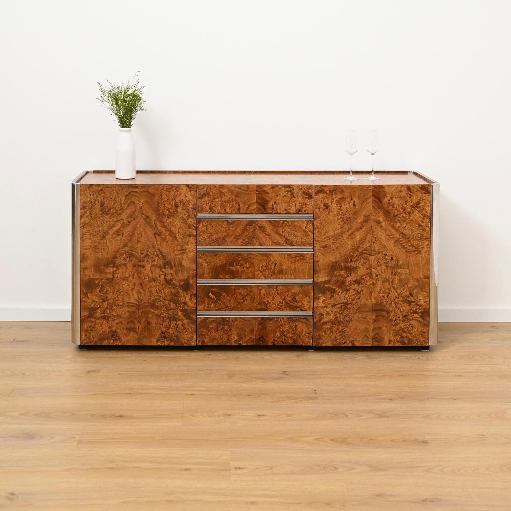 1960's Italian Burl Wood Bar Sideboard by Willy Rizzo