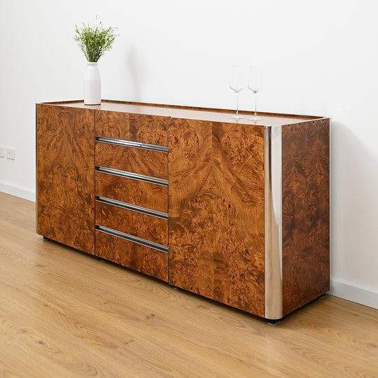 1960's Italian Burl Wood Bar Sideboard by Willy Rizzo