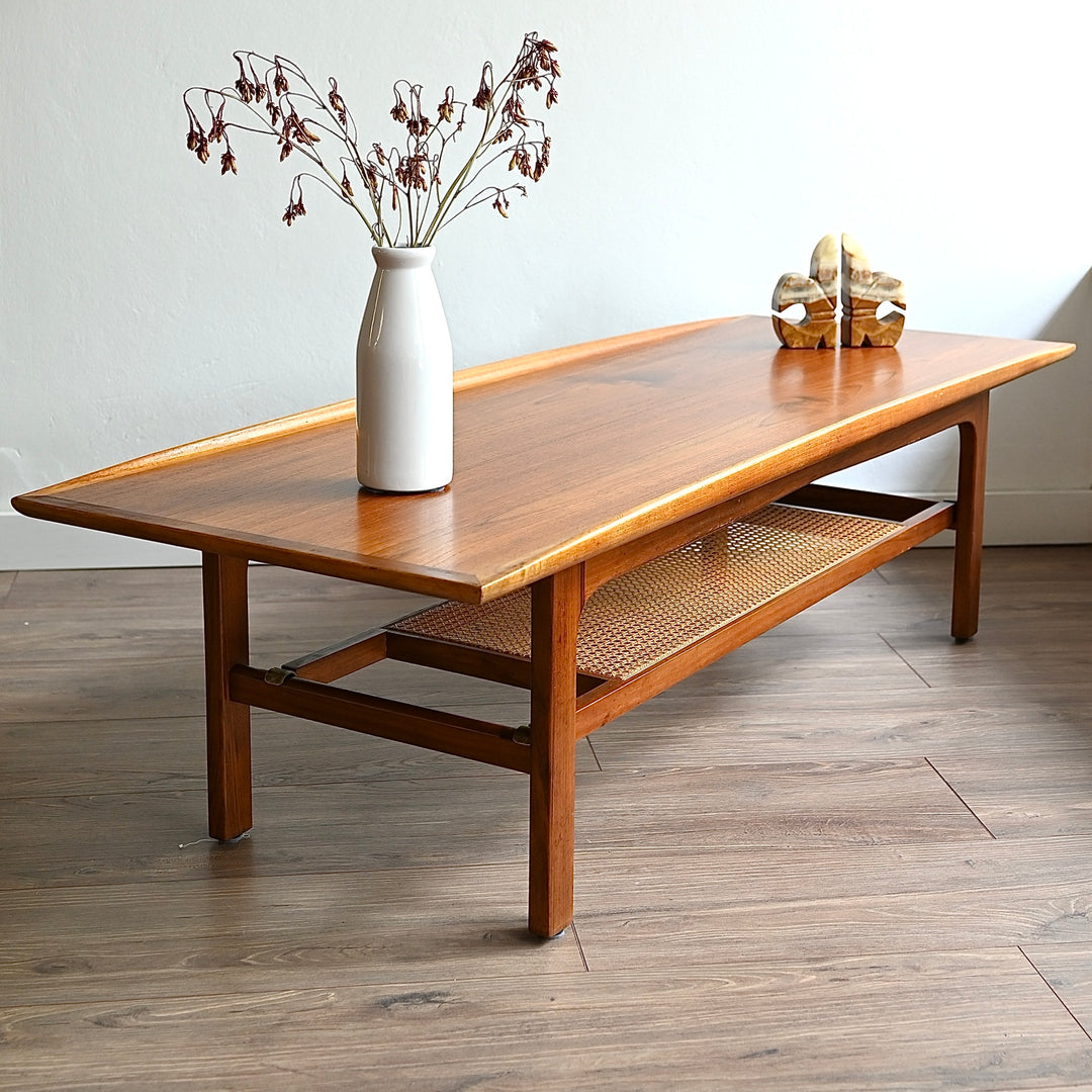 Mid Century Teak Large Coffee Table with Rattan Shelf