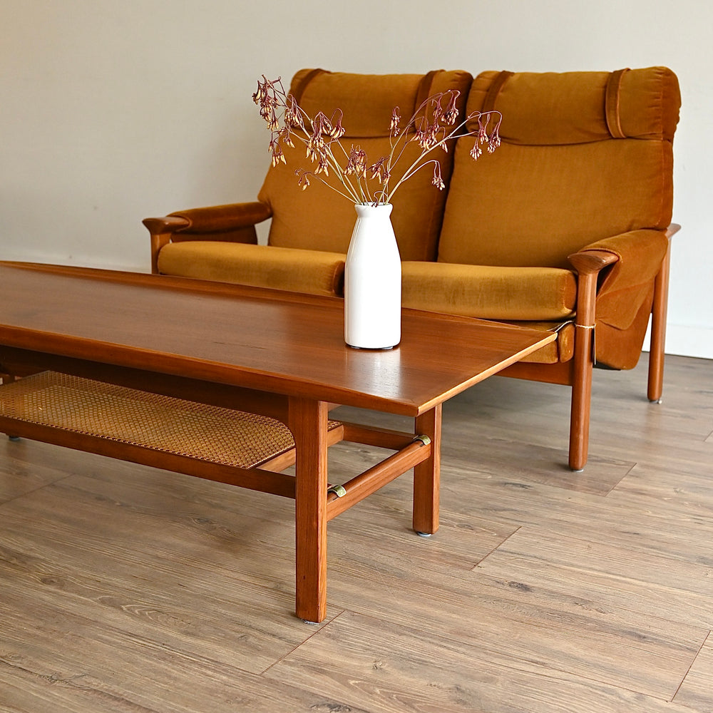 Mid Century Teak Large Coffee Table with Rattan Shelf