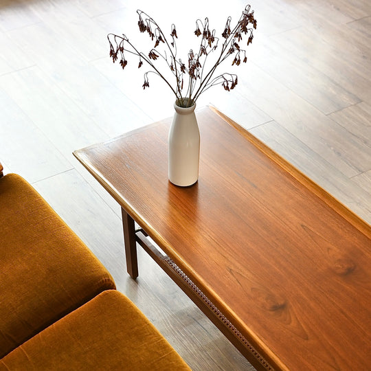 Mid Century Teak Large Coffee Table with Rattan Shelf