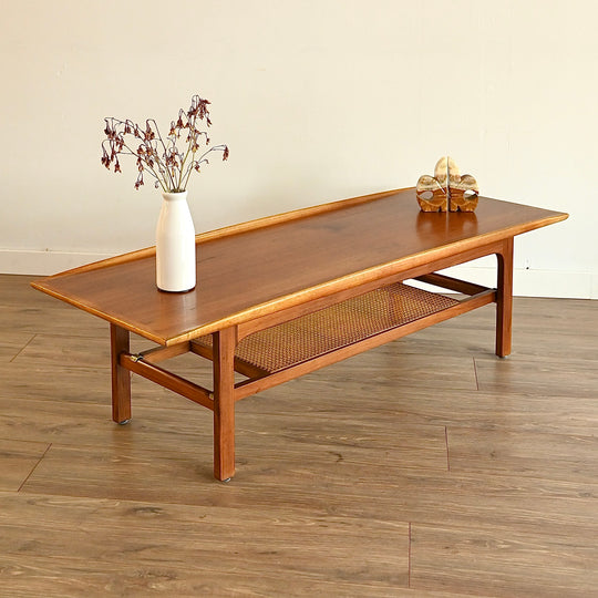 Mid Century Teak Large Coffee Table with Rattan Shelf