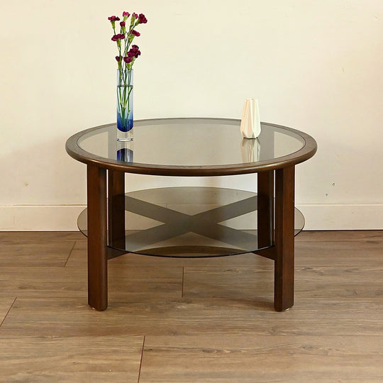 Mid Century Walnut Smoked Glass Coffee Table by Chiswell