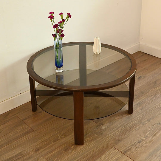Mid Century Walnut Smoked Glass Coffee Table by Chiswell