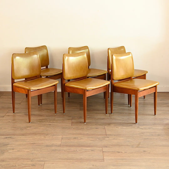 6x Mid Century Teak Mustard Vinyl Dining Chairs by Chiswell