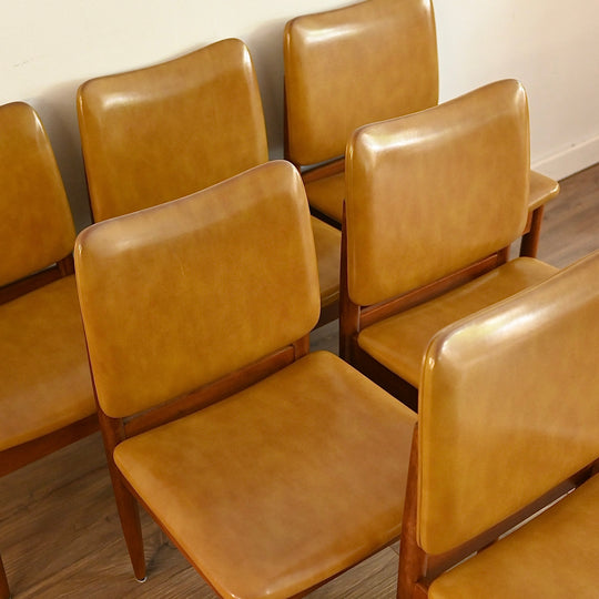 6x Mid Century Teak Mustard Vinyl Dining Chairs by Chiswell