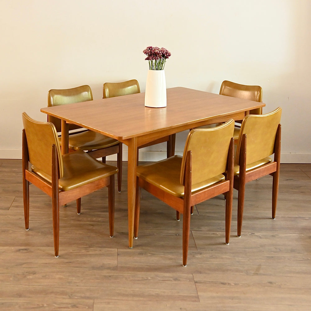 6x Mid Century Teak Mustard Vinyl Dining Chairs by Chiswell