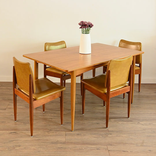 6x Mid Century Teak Mustard Vinyl Dining Chairs by Chiswell