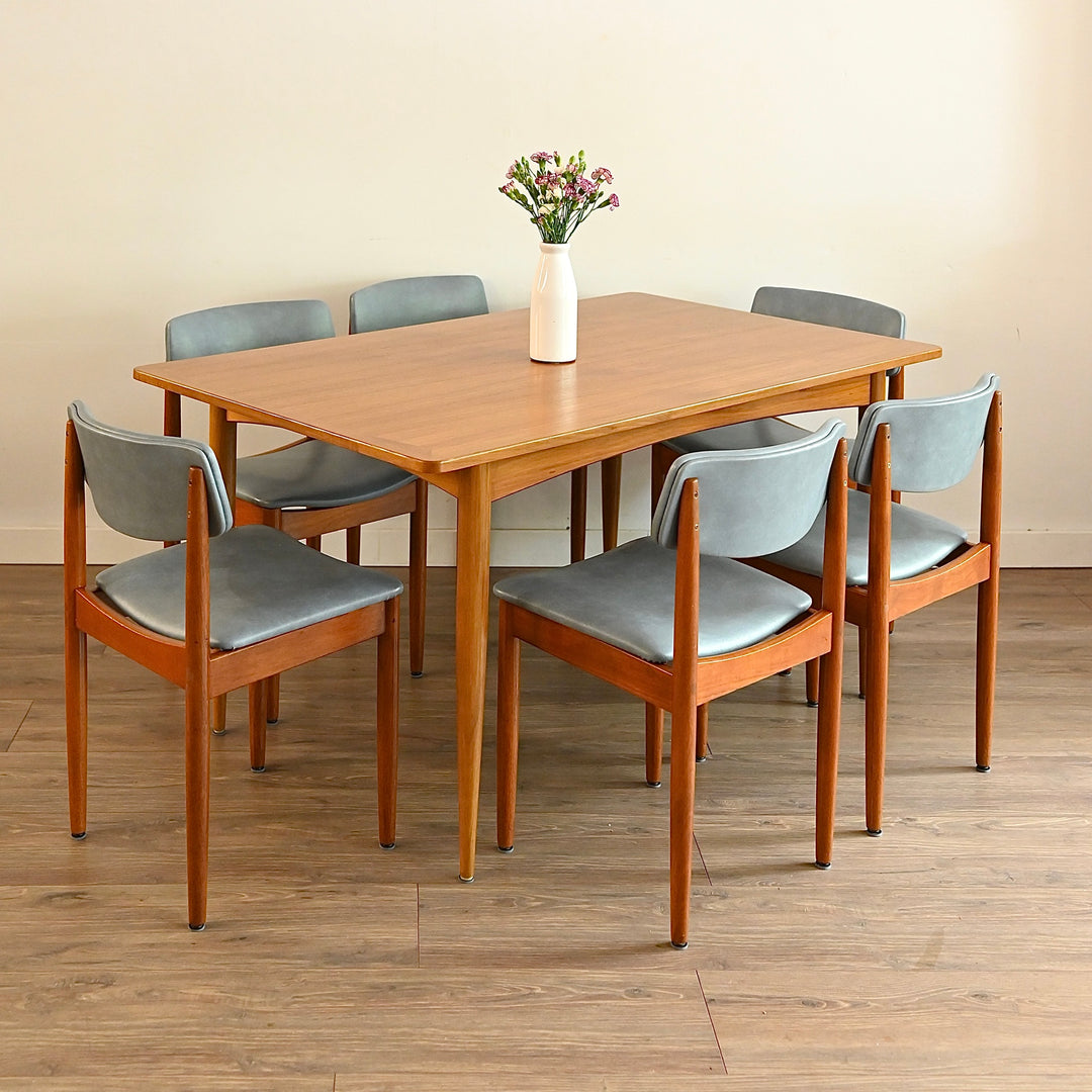 6x Mid Century Teak Blue Vinyl Dining Chairs by Chiswell