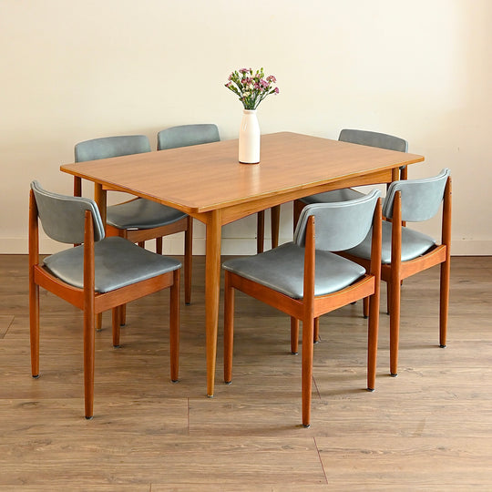 6x Mid Century Teak Blue Vinyl Dining Chairs by Chiswell