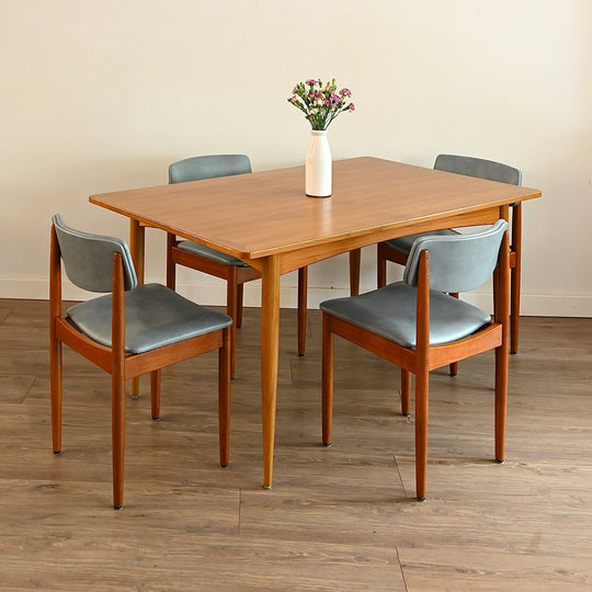 6x Mid Century Teak Blue Vinyl Dining Chairs by Chiswell