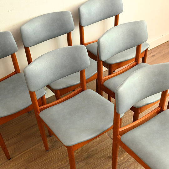 6x Mid Century Teak Blue Vinyl Dining Chairs by Chiswell