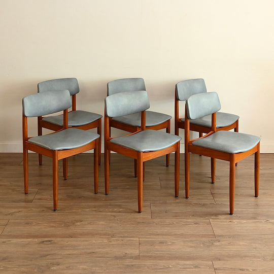 6x Mid Century Teak Blue Vinyl Dining Chairs by Chiswell