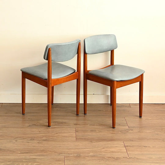 6x Mid Century Teak Blue Vinyl Dining Chairs by Chiswell