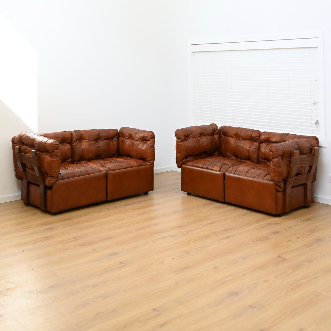 2 x Patchwork Leather Two-Seat Sofas by Post and Rail
