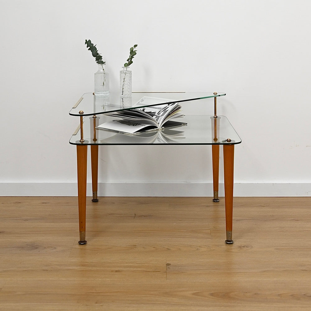 Vintage Retro Glass & Timber Two Tied Coffee Table