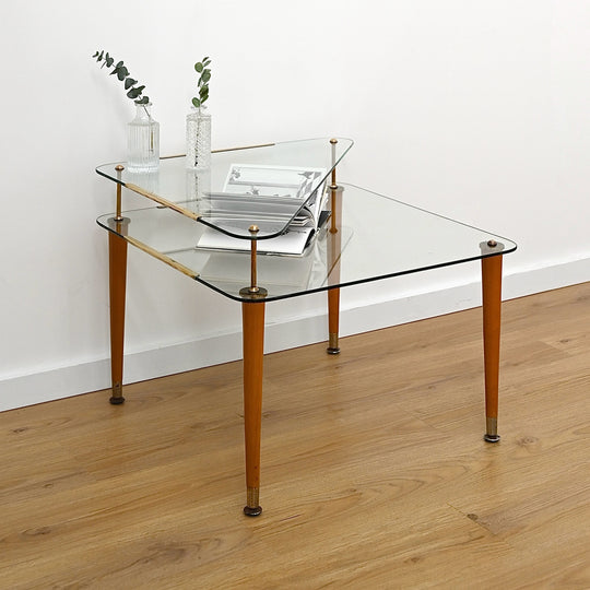 Vintage Retro Glass & Timber Two Tied Coffee Table