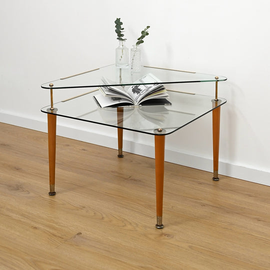 Vintage Retro Glass & Timber Two Tied Coffee Table