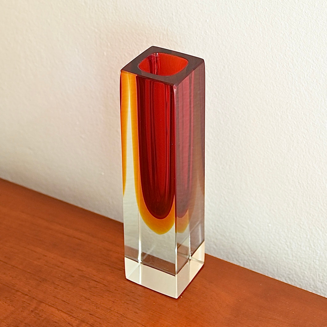 Mid Century Murano Glass Sommerso Cube Vase by Flavio Poli