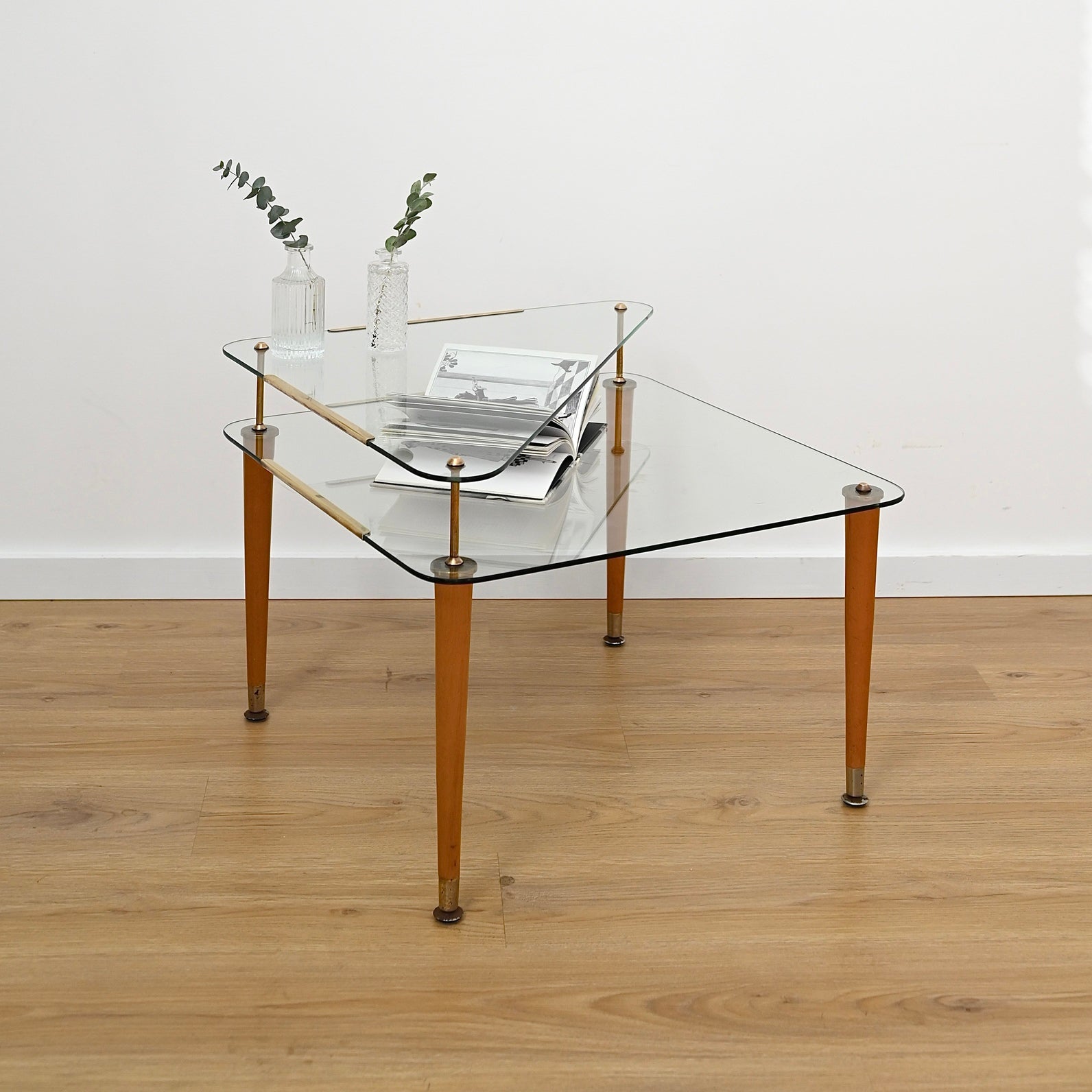 Vintage Retro Glass & Timber Two Tied Coffee Table