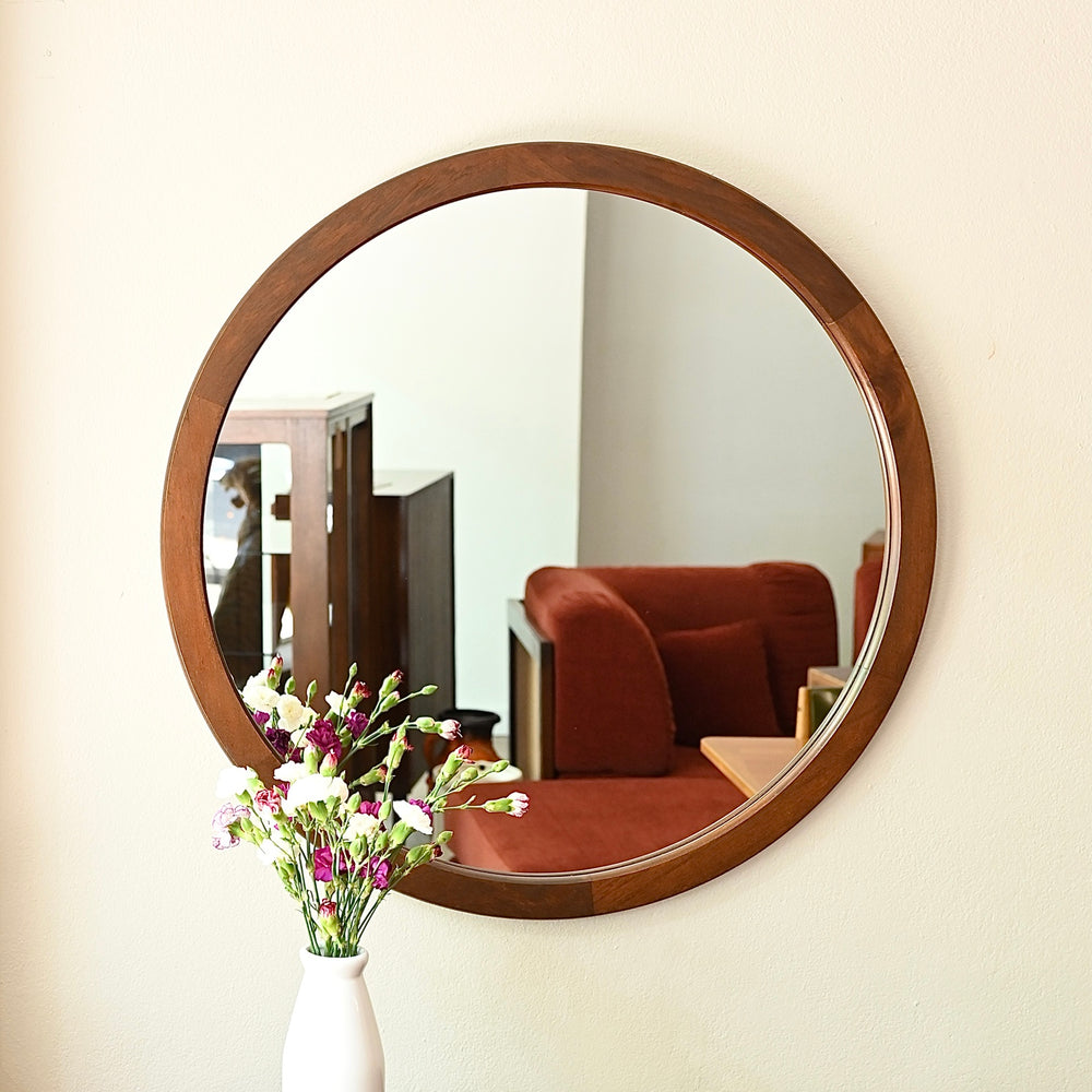Mid Century Walnut Round Mirror by Chiswell