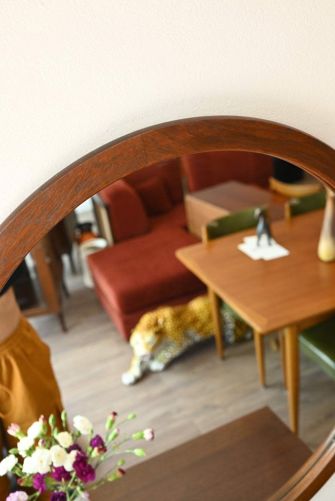 Mid Century Walnut Round Mirror by Chiswell