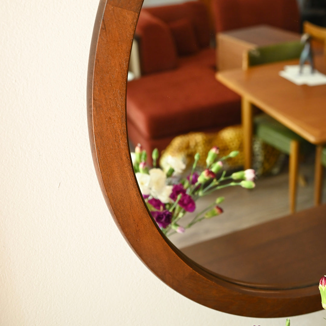 Mid Century Walnut Round Mirror by Chiswell