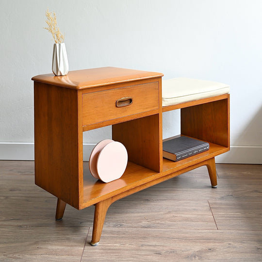 Mid Century Teak Console Entry Stand Side Telephone Table by Noblett