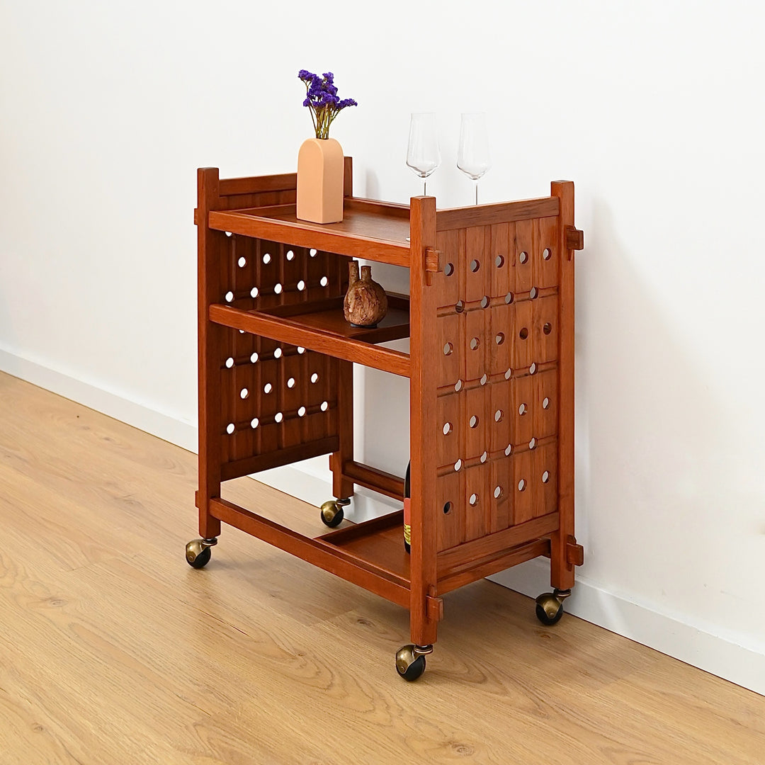 Mid Century Solid Teak Drinks Trolley on Casters