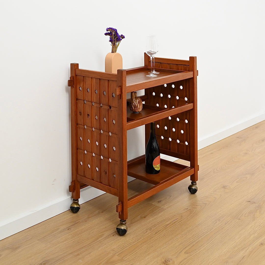 Mid Century Solid Teak Drinks Trolley on Casters