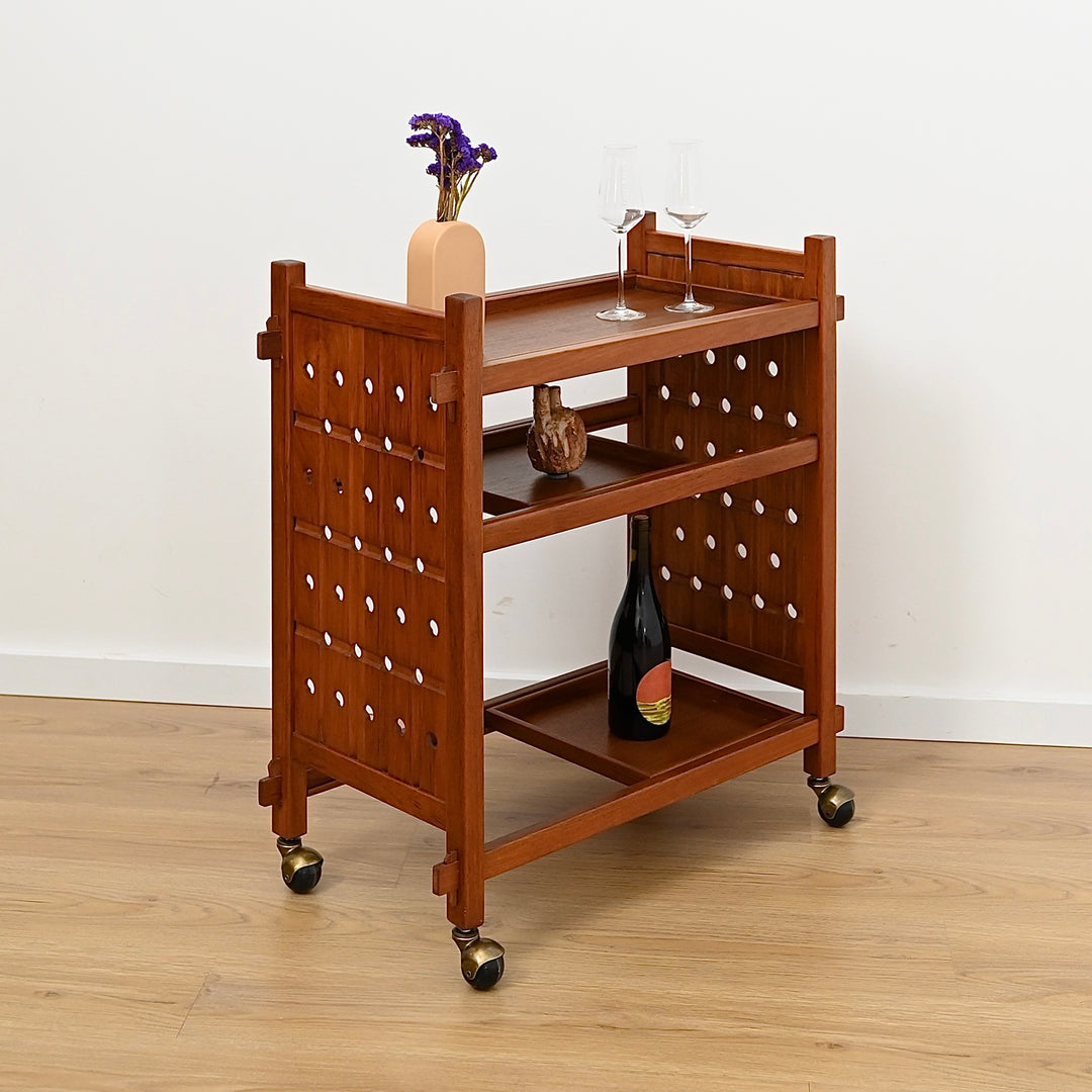 Mid Century Solid Teak Drinks Trolley on Casters