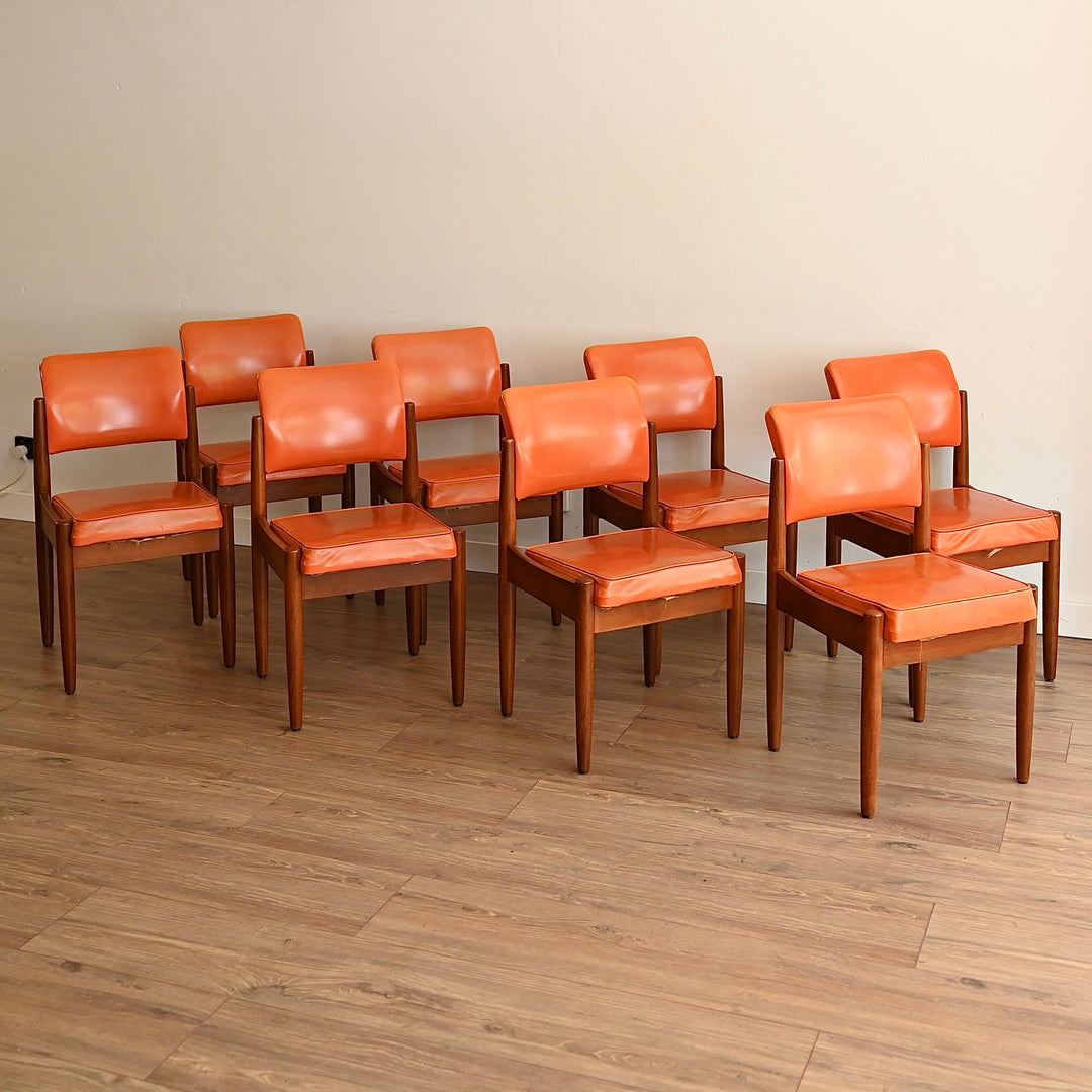 8x Mid Century Teak and Orange Vinyl Dining Chairs by Chiswell